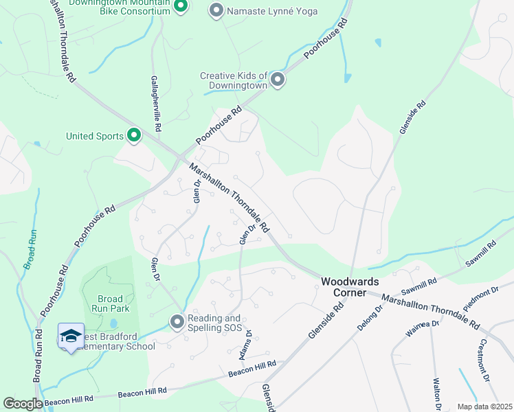 map of restaurants, bars, coffee shops, grocery stores, and more near 1347 Westminster Drive in Downingtown