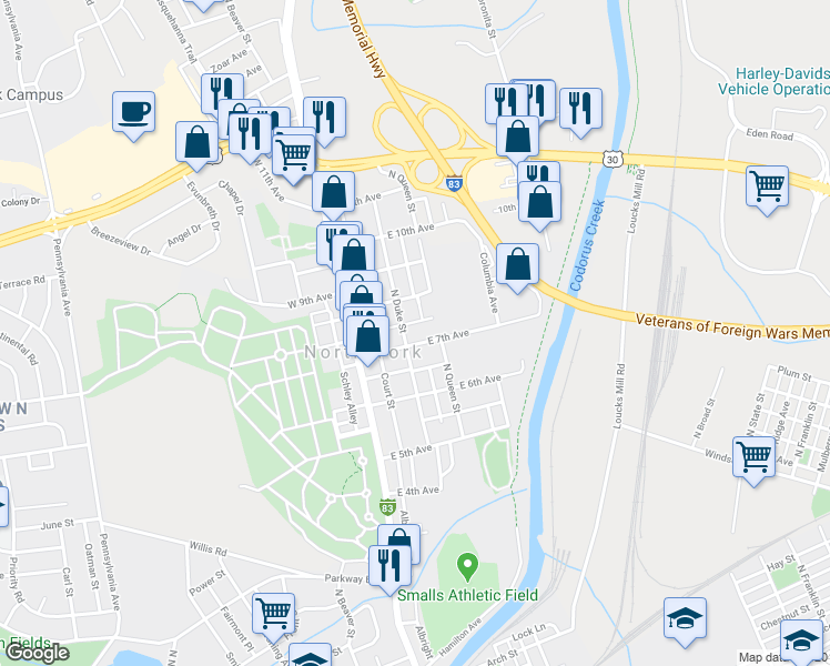 map of restaurants, bars, coffee shops, grocery stores, and more near 1045 North Duke Street in York