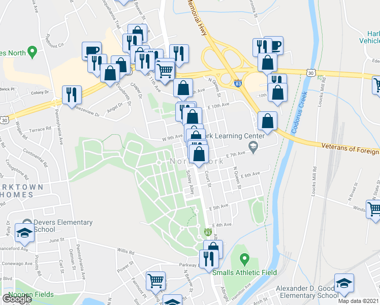 map of restaurants, bars, coffee shops, grocery stores, and more near 1116 Schley Alley in York