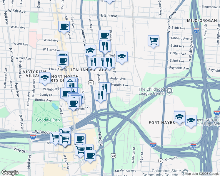 map of restaurants, bars, coffee shops, grocery stores, and more near 761 North 4th Street in Columbus