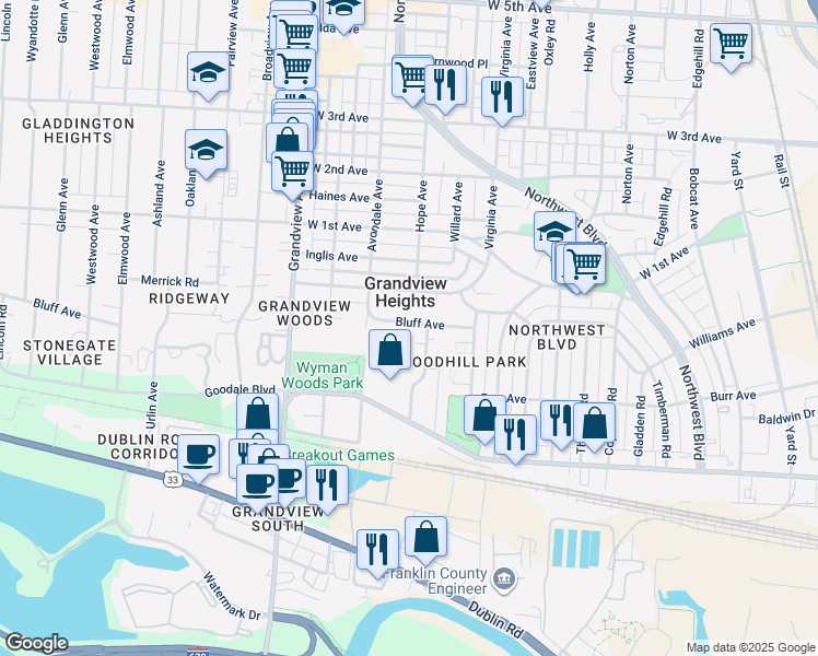 map of restaurants, bars, coffee shops, grocery stores, and more near 967 Kramer Avenue in Columbus