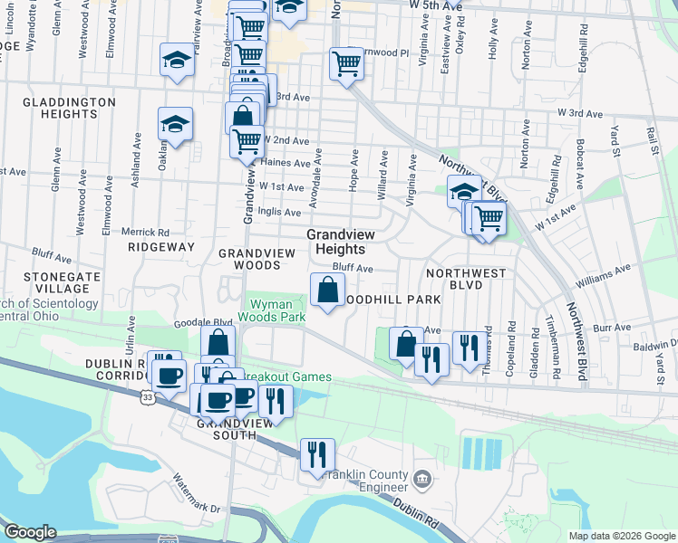 map of restaurants, bars, coffee shops, grocery stores, and more near 1444 Goodale Boulevard in Columbus