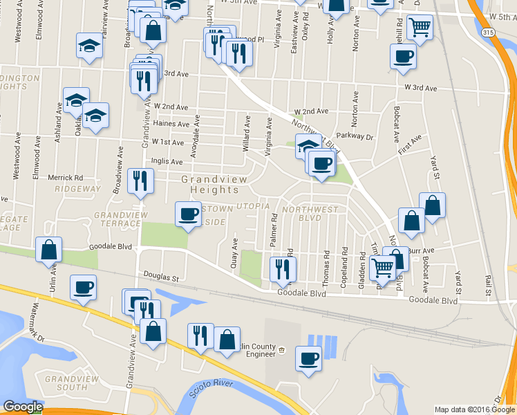 map of restaurants, bars, coffee shops, grocery stores, and more near 926 Woodhill Dr in Columbus