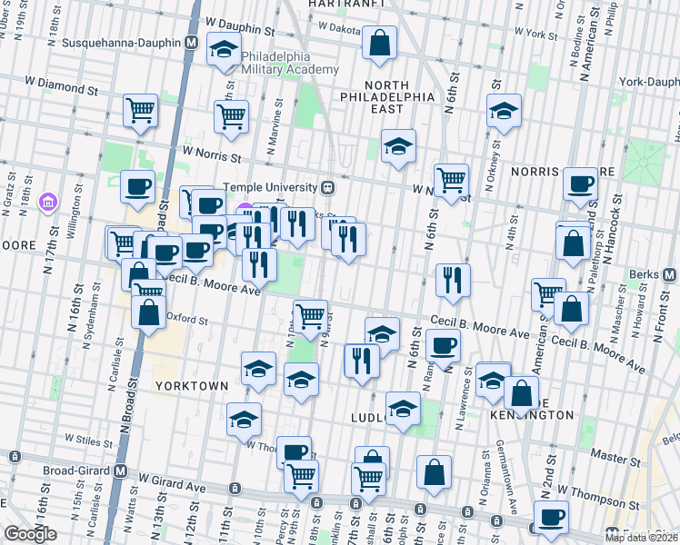map of restaurants, bars, coffee shops, grocery stores, and more near 800 West Montgomery Avenue in Philadelphia