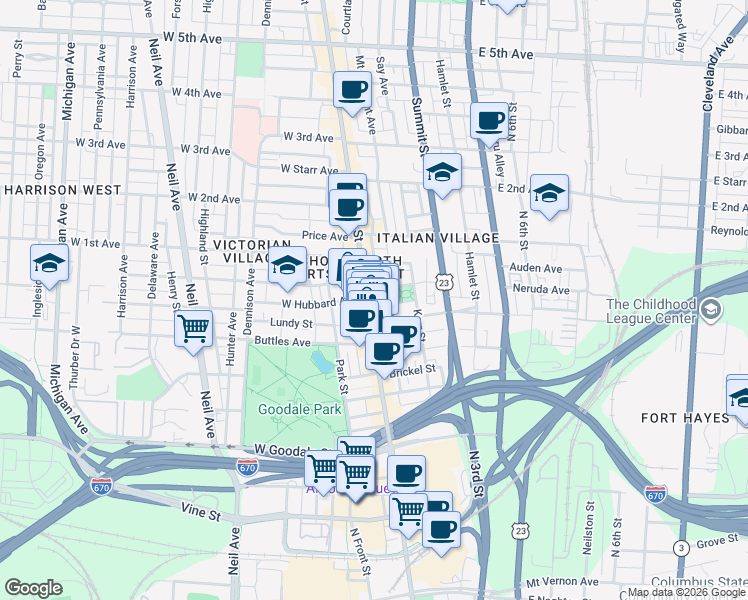 map of restaurants, bars, coffee shops, grocery stores, and more near 800 North High Street in Columbus