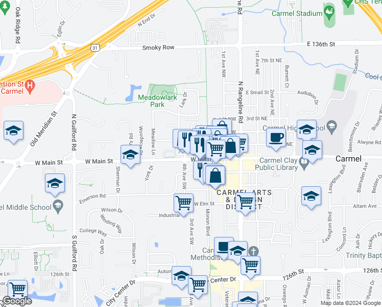 map of restaurants, bars, coffee shops, grocery stores, and more near 324 Neuman Way in Carmel