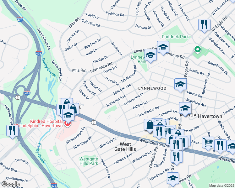 map of restaurants, bars, coffee shops, grocery stores, and more near 1706 Melrose Avenue in Havertown