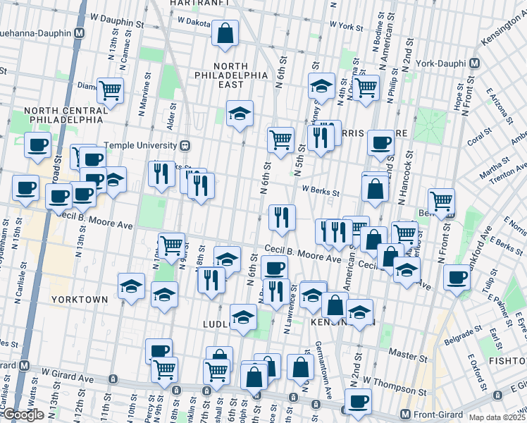 map of restaurants, bars, coffee shops, grocery stores, and more near 1740 North 6th Street in Philadelphia