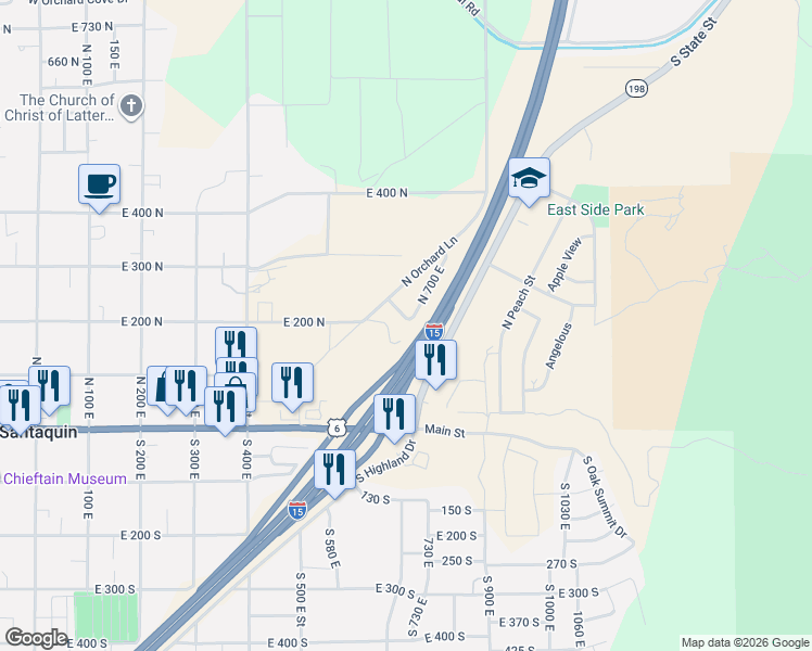 map of restaurants, bars, coffee shops, grocery stores, and more near 688 East 180 North in Santaquin