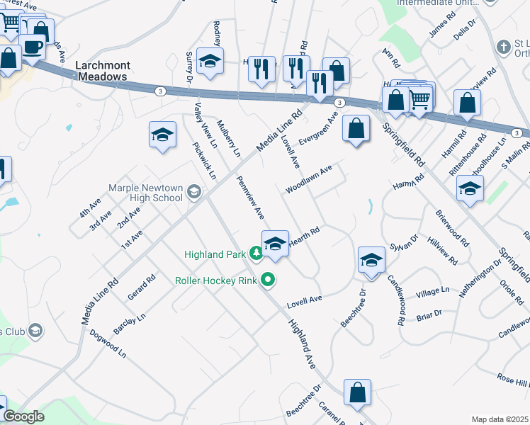 map of restaurants, bars, coffee shops, grocery stores, and more near 2983 Pennview Avenue in Broomall
