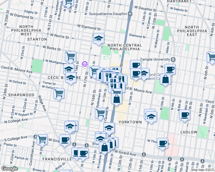 map of restaurants, bars, coffee shops, grocery stores, and more near 1432 Cecil B. Moore Avenue in Philadelphia
