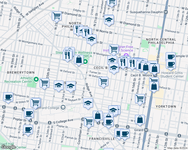 map of restaurants, bars, coffee shops, grocery stores, and more near 2017 West Oxford Street in Philadelphia