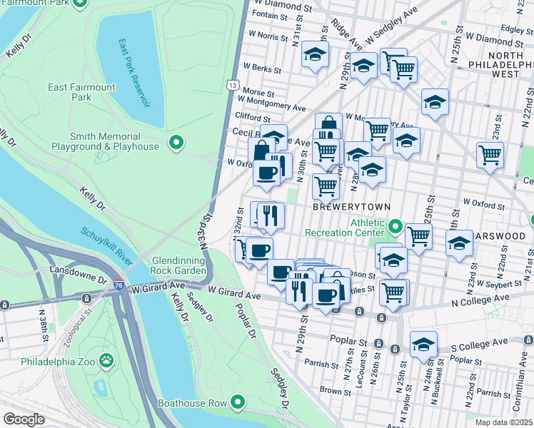 map of restaurants, bars, coffee shops, grocery stores, and more near 1429 North 31st Street in Philadelphia
