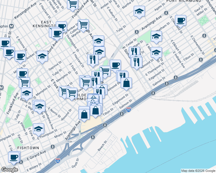 map of restaurants, bars, coffee shops, grocery stores, and more near 2622 East Albert Street in Philadelphia