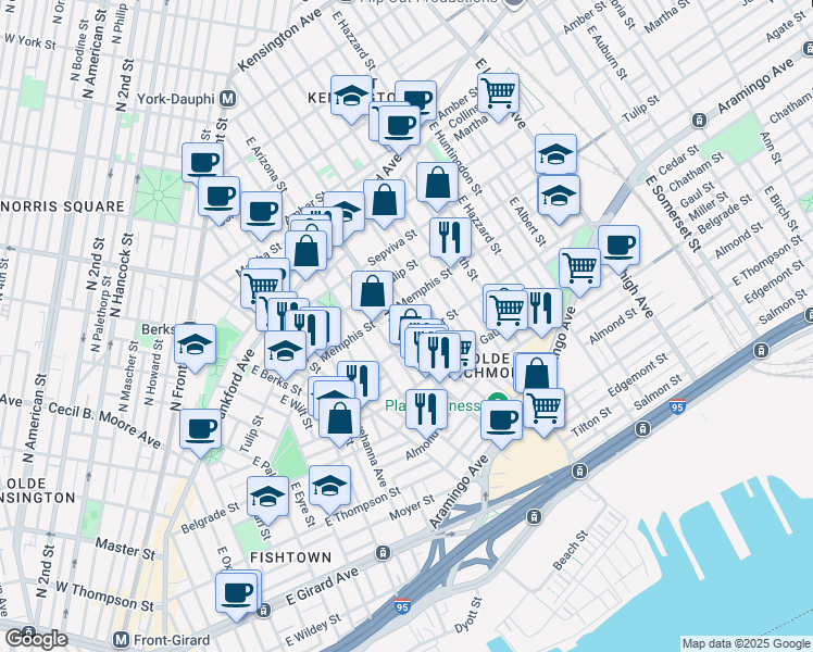map of restaurants, bars, coffee shops, grocery stores, and more near 2405 East York Street in Philadelphia