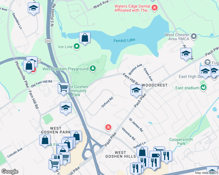 map of restaurants, bars, coffee shops, grocery stores, and more near 217 Oxford Road in West Chester