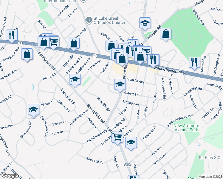 map of restaurants, bars, coffee shops, grocery stores, and more near 2613 Harding Avenue in Broomall