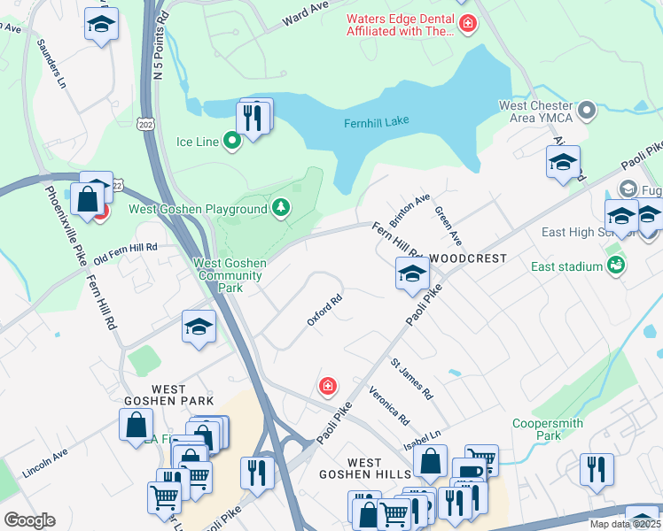 map of restaurants, bars, coffee shops, grocery stores, and more near 217 Oxford Road in West Chester