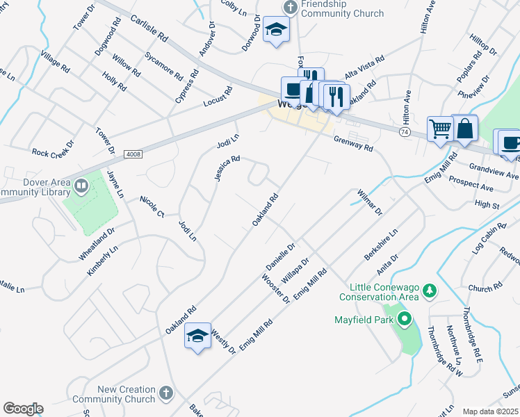 map of restaurants, bars, coffee shops, grocery stores, and more near 3101 Claremont Road in Dover