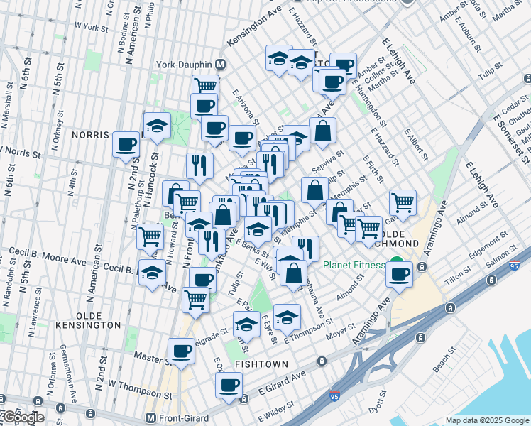 map of restaurants, bars, coffee shops, grocery stores, and more near 2307 East Norris Street in Philadelphia