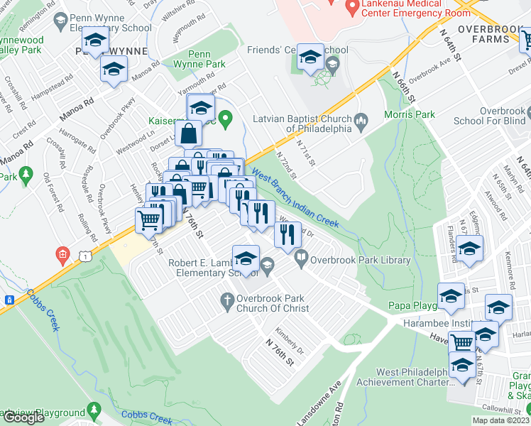 map of restaurants, bars, coffee shops, grocery stores, and more near 7300 Sherwood Road in Philadelphia
