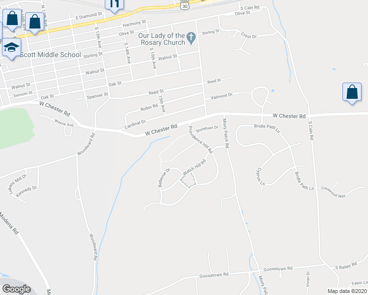 map of restaurants, bars, coffee shops, grocery stores, and more near 63 Narragansett Lane in Coatesville