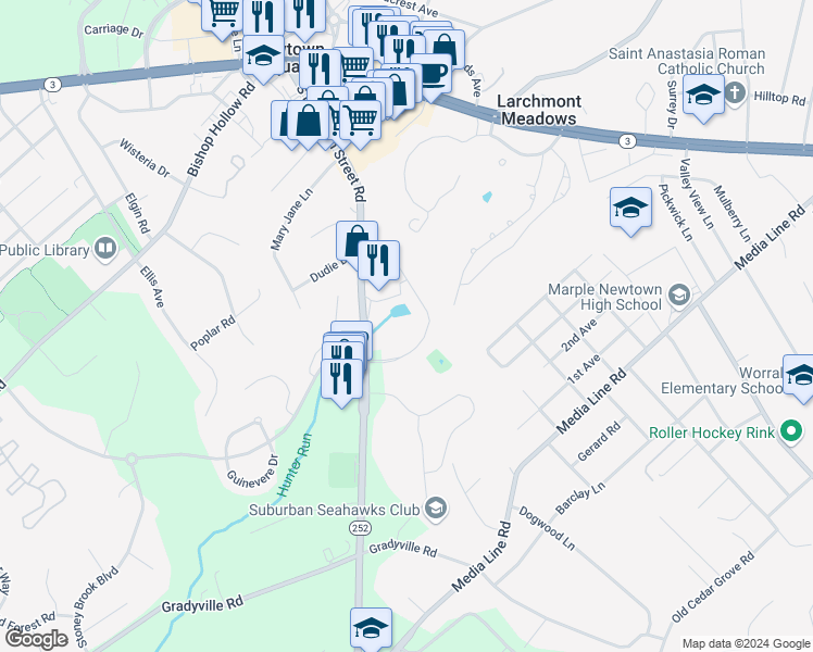 map of restaurants, bars, coffee shops, grocery stores, and more near 218 Cornerstone Drive in Newtown Square