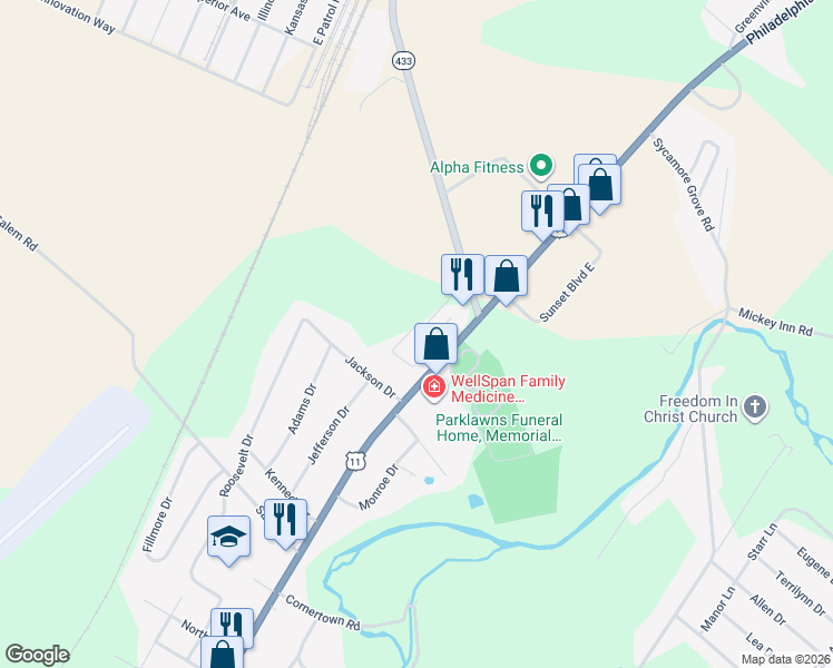 map of restaurants, bars, coffee shops, grocery stores, and more near 3389 Cornerstone Court in Chambersburg