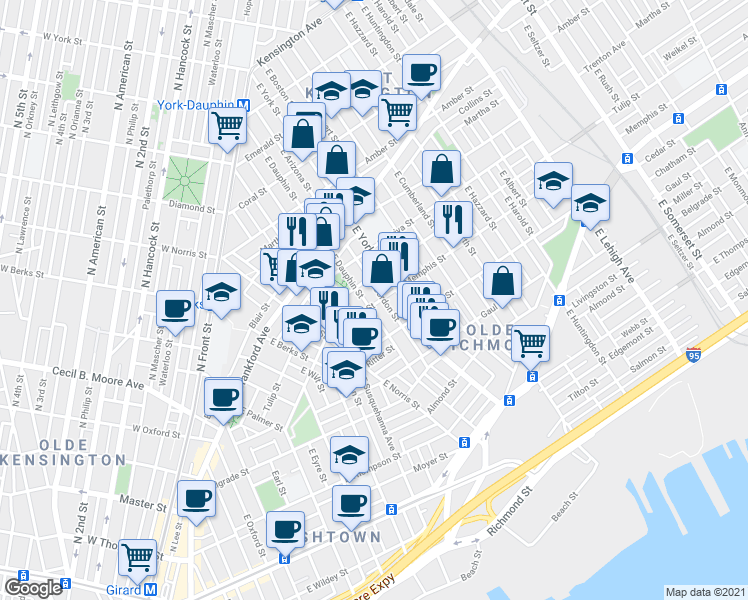 map of restaurants, bars, coffee shops, grocery stores, and more near 2304 Memphis Street in Philadelphia