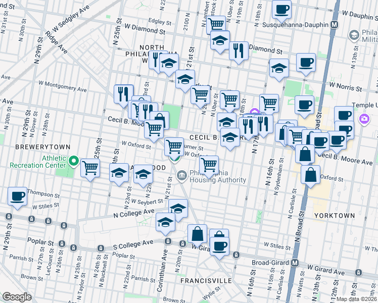 map of restaurants, bars, coffee shops, grocery stores, and more near 2007 Nicholas Street in Philadelphia