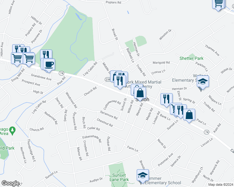 map of restaurants, bars, coffee shops, grocery stores, and more near 2330 Carlisle Road in Shiloh