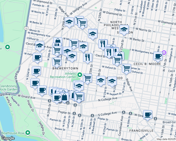 map of restaurants, bars, coffee shops, grocery stores, and more near 1540 North Stillman Street in Philadelphia