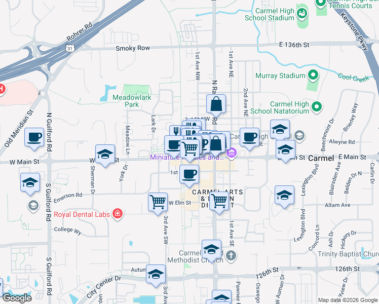 map of restaurants, bars, coffee shops, grocery stores, and more near 110 1st Avenue Northwest in Carmel