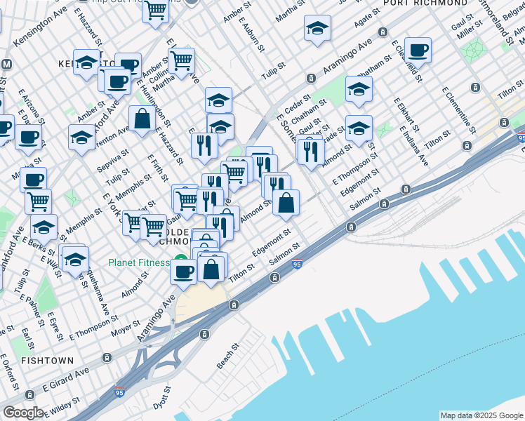 map of restaurants, bars, coffee shops, grocery stores, and more near 2655 Almond Street in Philadelphia