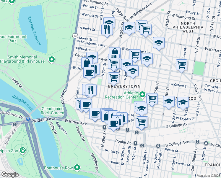 map of restaurants, bars, coffee shops, grocery stores, and more near 1448 North 29th Street in Philadelphia