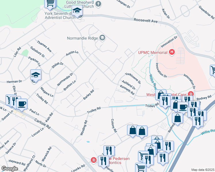 map of restaurants, bars, coffee shops, grocery stores, and more near 106 Lookout Court in York