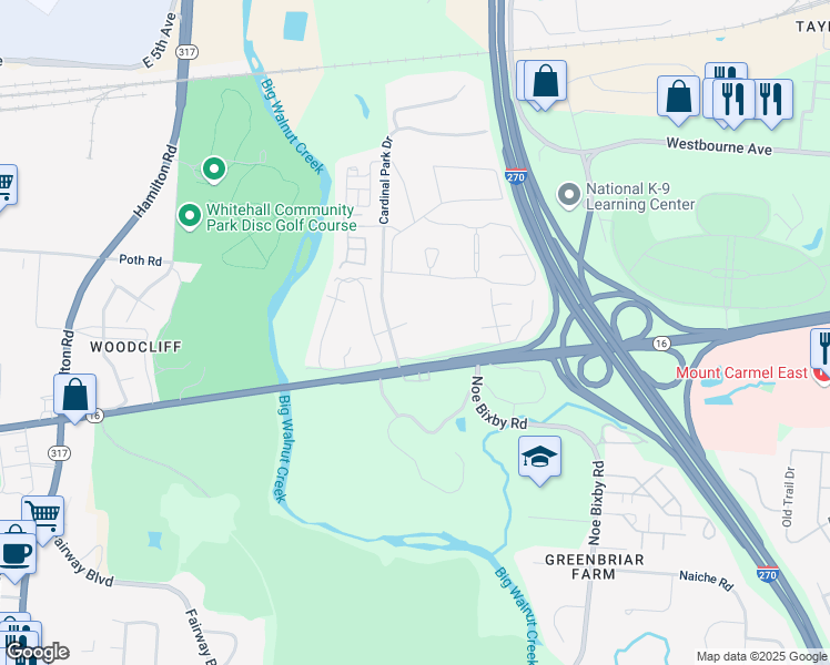 map of restaurants, bars, coffee shops, grocery stores, and more near 5380 East Broad Street in Columbus