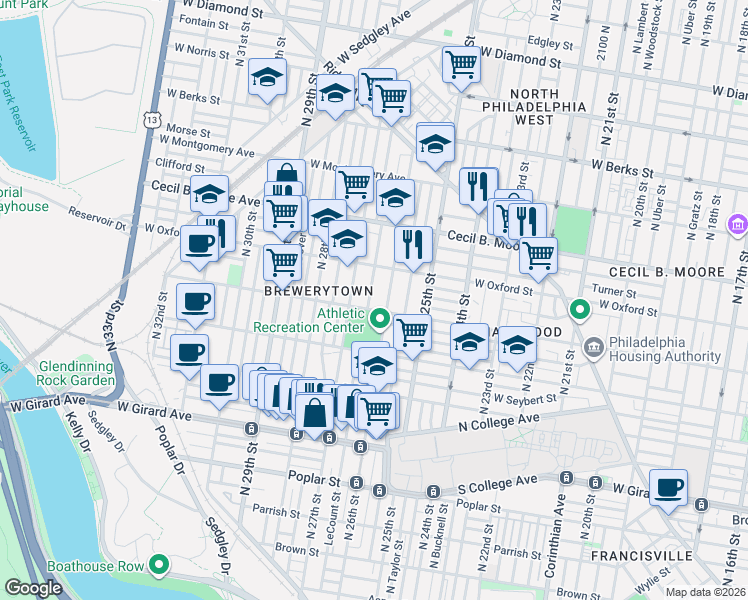 map of restaurants, bars, coffee shops, grocery stores, and more near 1501 North Bailey Street in Philadelphia