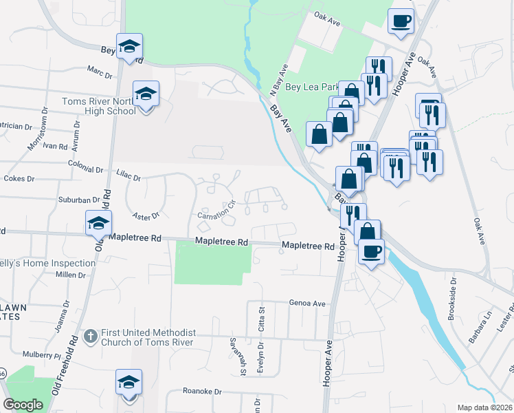 map of restaurants, bars, coffee shops, grocery stores, and more near 91 Orchid Court in Toms River
