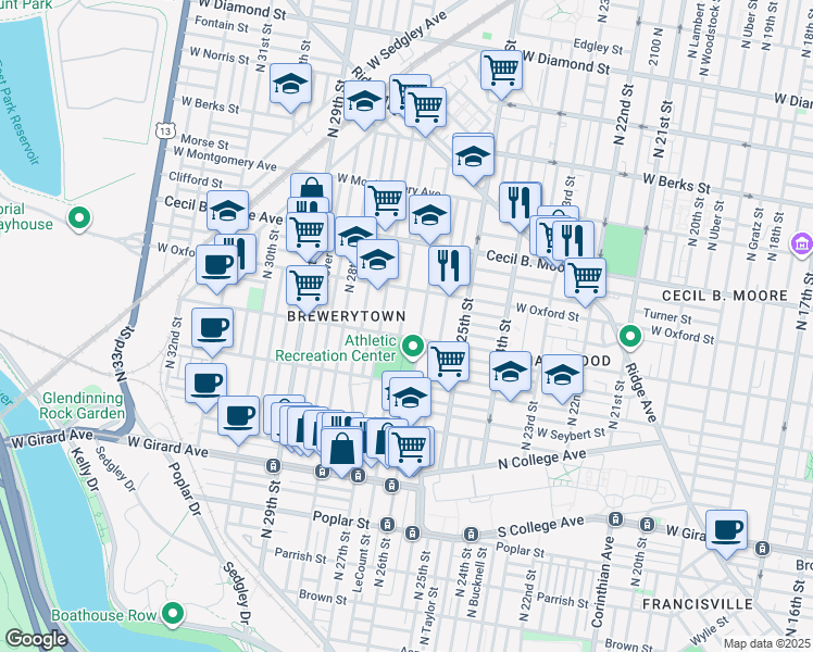 map of restaurants, bars, coffee shops, grocery stores, and more near 1532 North Bailey Street in Philadelphia