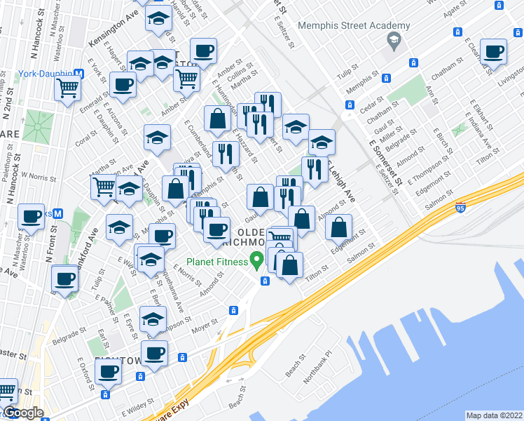 map of restaurants, bars, coffee shops, grocery stores, and more near Gaul Street & East Firth Street in Philadelphia