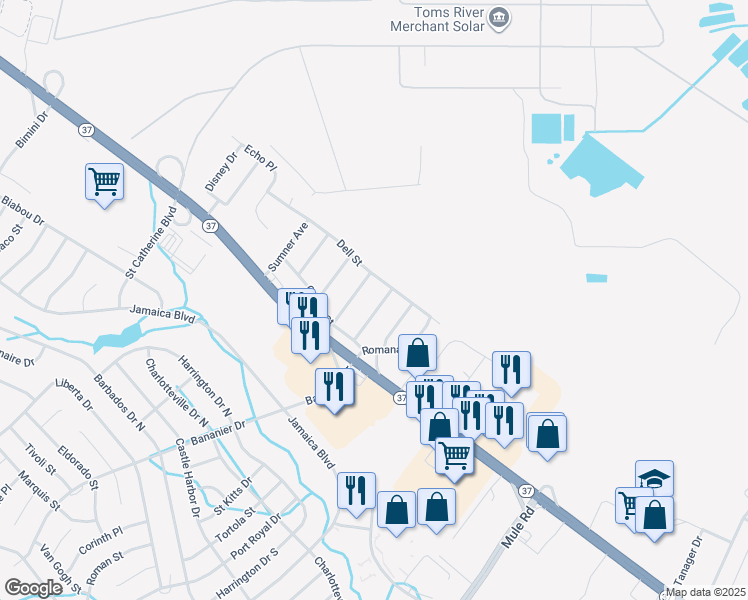 map of restaurants, bars, coffee shops, grocery stores, and more near 1114 Dell Street in Toms River