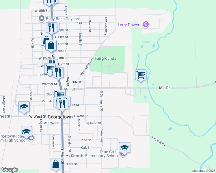 map of restaurants, bars, coffee shops, grocery stores, and more near 499 Hillside Drive in Georgetown