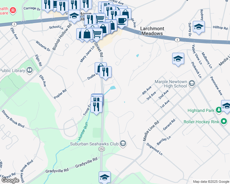 map of restaurants, bars, coffee shops, grocery stores, and more near 242 South Newtown Street Road in Newtown Square