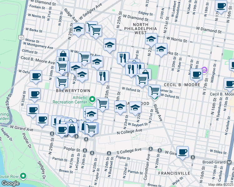map of restaurants, bars, coffee shops, grocery stores, and more near 2401 Bolton Street in Philadelphia