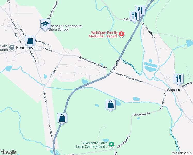 map of restaurants, bars, coffee shops, grocery stores, and more near 4 McIntosh Lane in Aspers