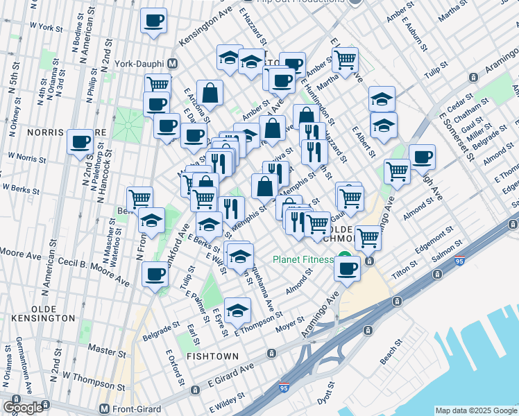 map of restaurants, bars, coffee shops, grocery stores, and more near 2304 Memphis Street in Philadelphia