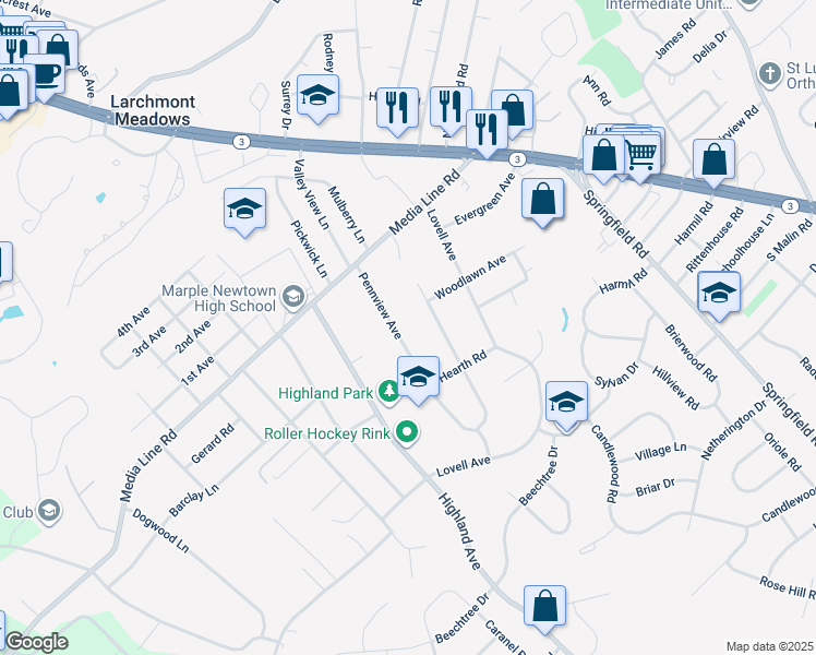 map of restaurants, bars, coffee shops, grocery stores, and more near 2983 Pennview Avenue in Broomall