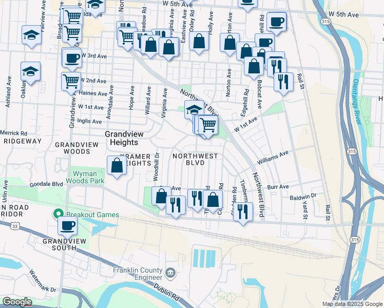 map of restaurants, bars, coffee shops, grocery stores, and more near 1036 Palmer Road in Columbus