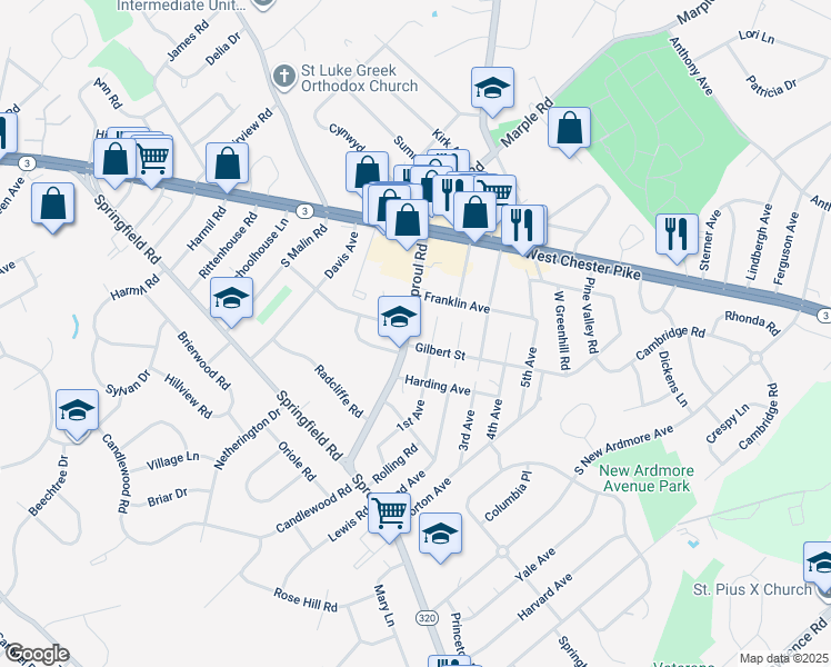 map of restaurants, bars, coffee shops, grocery stores, and more near 93 South Sproul Road in Broomall